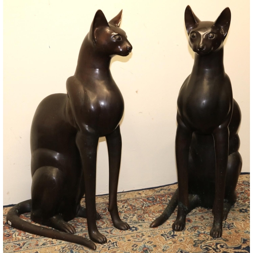 1126 - Pair of large patinated hollow bronze models of seated Egyptian cats, H81cm (2)