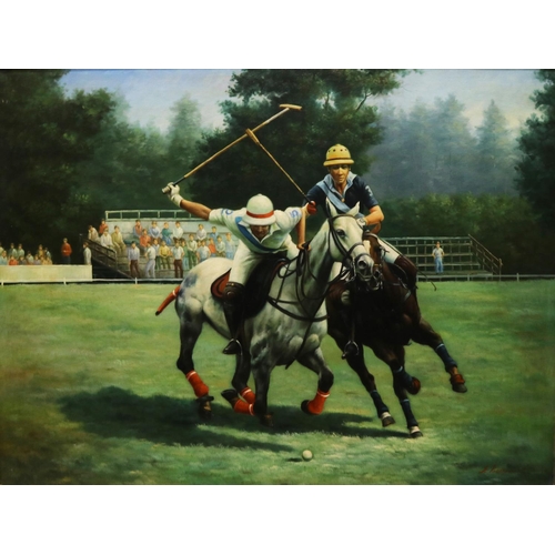 1345 - A. Ackermann (Contemporary); Polo Players, oil on canvas, signed, 75cm x 100cm