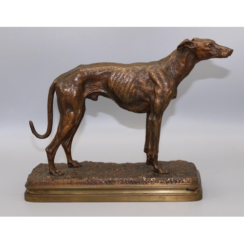 1131 - After Alfred Dubucand (1828-1894); Patinated bronze medal of a standing Whippet, signed on naturalis... 