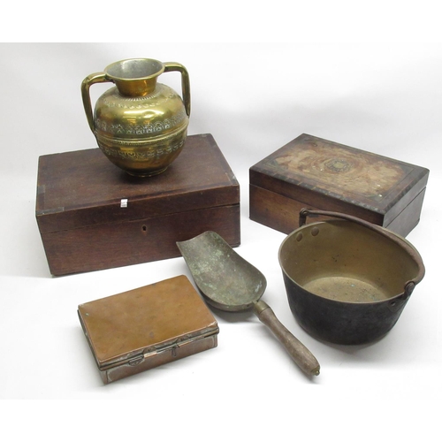 898 - Victorian sewing box, brass jam pan, brass twin handled vase, metal coal scoop, copper box and a wri... 