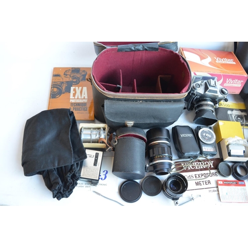 124 - Collection of 35mm film camera equipment and accessories to include an EXA 500 SLR with Carl Zeiss J... 