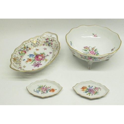 966 - Collection of Dresden porcelain inc. bowl with four feet, lattice work dish and 2 pin dishes (4)