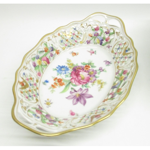 966 - Collection of Dresden porcelain inc. bowl with four feet, lattice work dish and 2 pin dishes (4)