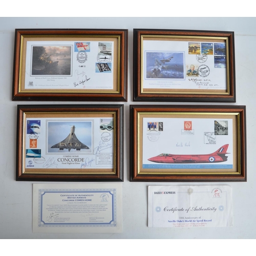 949 - Four framed commemorative covers to include The Dambusters, Neville Duke (with CoA), The Falklands C... 