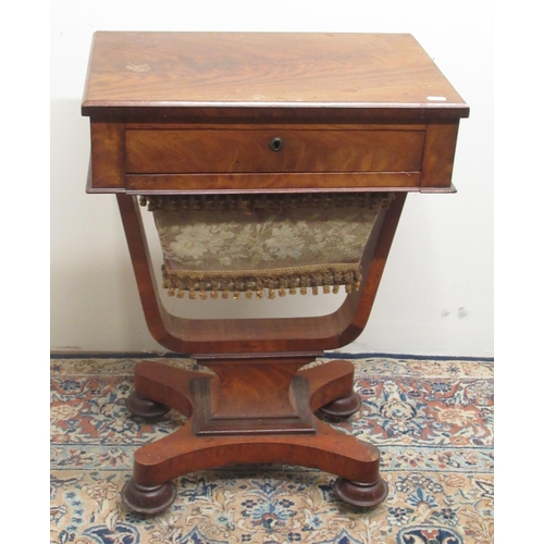 143 - Victorian mahogany sewing table with drawer and work bag on shaped support and square base on bun fe... 
