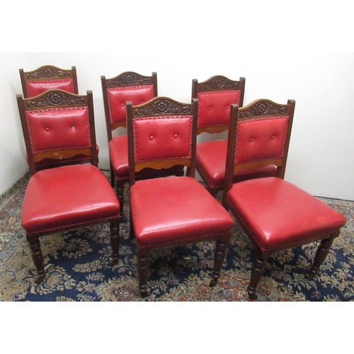 148 - Set of six Victorian mahogany dining chairs with carved cresting and nailed red upholstered backs an... 