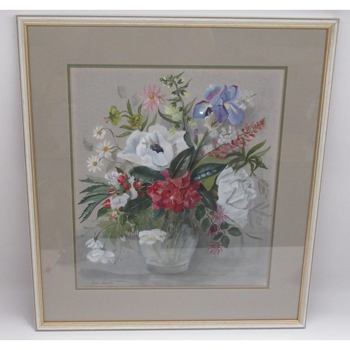 979 - Jean Starkie (20th Century); Still life study of flowers in a glass vase, signed, with Artist's labe... 