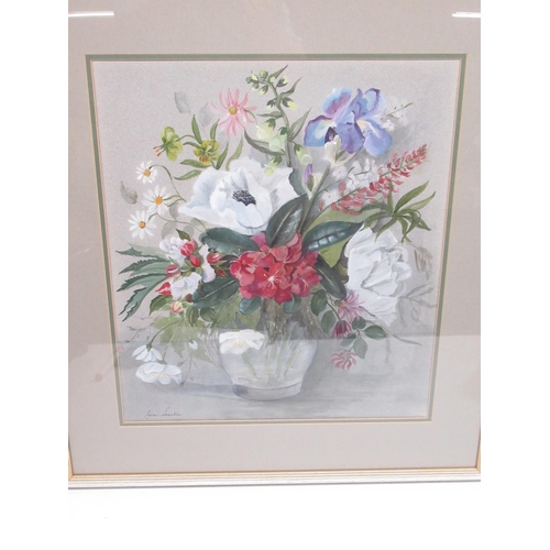 979 - Jean Starkie (20th Century); Still life study of flowers in a glass vase, signed, with Artist's labe... 