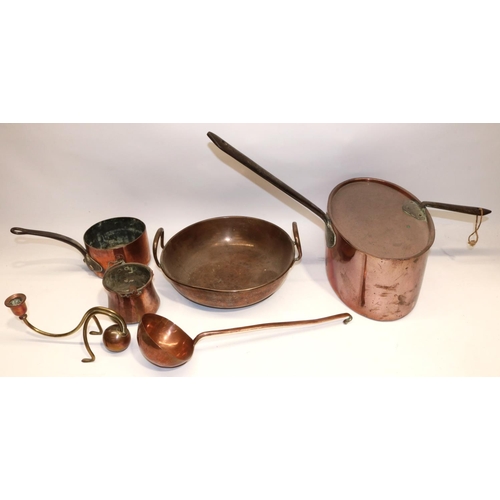 399 - Group of metal ware, incl. a candlestick in the manner of W.A.S. Benson, with brass stem, copper bal... 