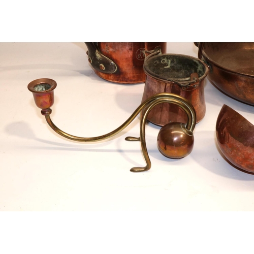 399 - Group of metal ware, incl. a candlestick in the manner of W.A.S. Benson, with brass stem, copper bal... 