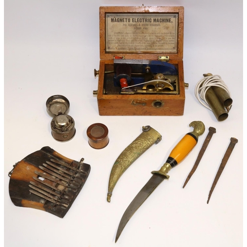 783 - Late C19th/early C20th Magneto electric shock machine; travelling inkwell engraved with a boat and a... 