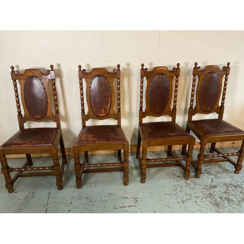 862 - Set of four oak dining chairs with leather upholstered backs and seats on bobbin turned supports wit... 