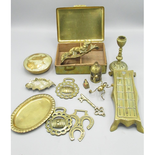 1350 - Collection of brassware and metal ware inc. figures, candle sticks, tray, etc. (qty. in 2 boxes)