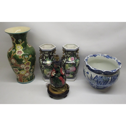 1347 - Moorcroft style lamp, large oriental vase H52cm, pair of C20th Japanese vases and a large bowl decor... 