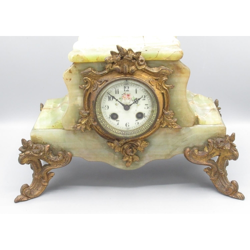350 - A. D Mougin C19th French onyx mantle clock, shaped stepped case with gilt rococo mounts, porcelain A... 