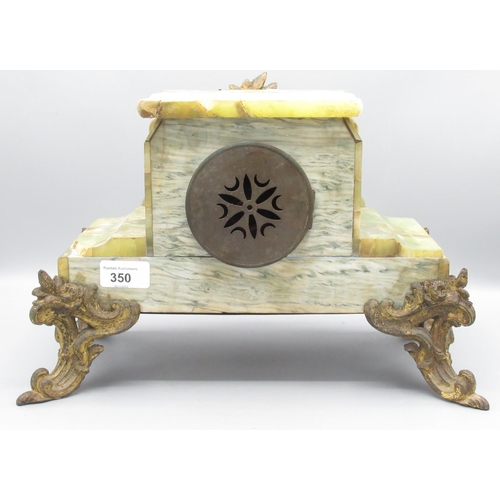 350 - A. D Mougin C19th French onyx mantle clock, shaped stepped case with gilt rococo mounts, porcelain A... 