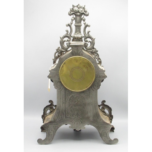 351 - C20th French burnished steel rococo style mantle timepiece, the cast steel case decorated with scrol... 