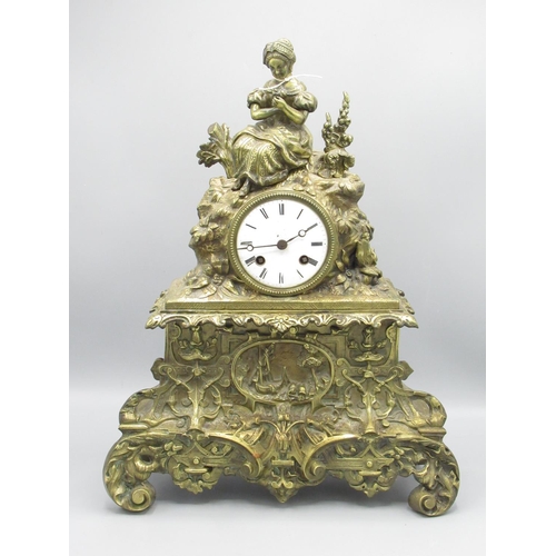 352 - C19th / C20th French brass rococo style figural mantle clock, the cast brass case surmounted with a ... 