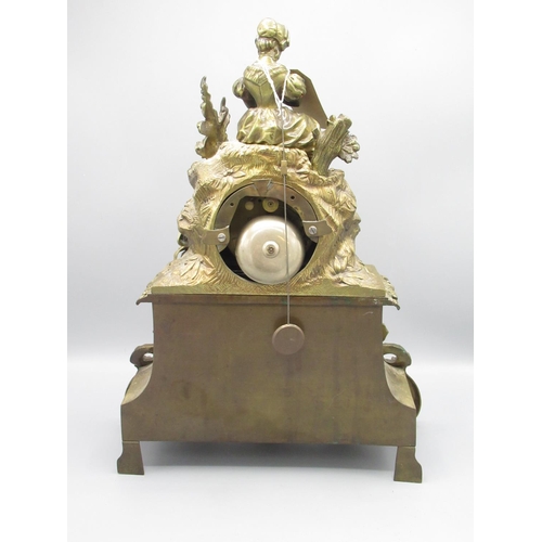 352 - C19th / C20th French brass rococo style figural mantle clock, the cast brass case surmounted with a ... 