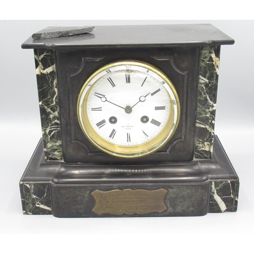 354 - Hry. Marc Paris, C19th French slate and variegated marble mantle clock, stepped and moulded case wit... 