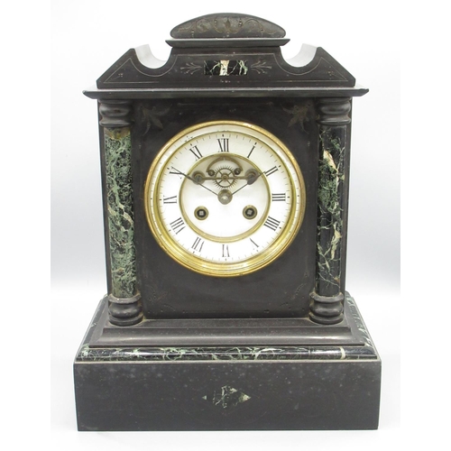 355 - S Marti & Cie. late C19th French slate and variegated marble mantle clock, architectural case with h... 