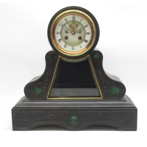 356 - S. Marti & Cie C19th French slate and malachite mantel clock, drum head over bevelled glazed pendulu... 