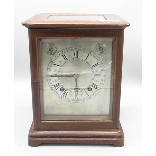 357 - Winterhalder and Hofmeier C20th mahogany bracket clock, the plain case having four glazed bevelled p... 