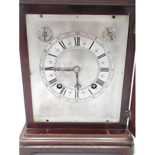 357 - Winterhalder and Hofmeier C20th mahogany bracket clock, the plain case having four glazed bevelled p... 