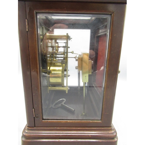 357 - Winterhalder and Hofmeier C20th mahogany bracket clock, the plain case having four glazed bevelled p... 