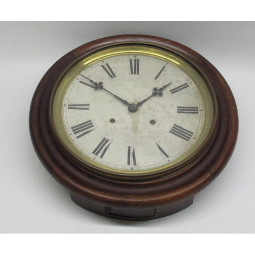 358 - Late C19th American mahogany wall clock, circular moulded case with brass bezel enclosing 11