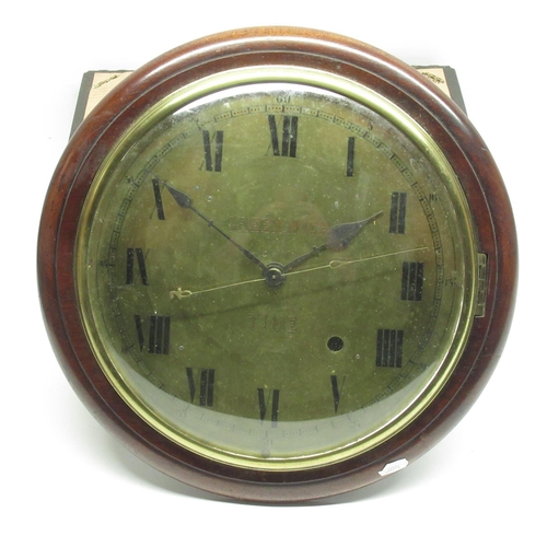 359 - C19th English mahogany 'Greenwich Time' tavern clock wall timepiece, circular plain case, brass beze... 