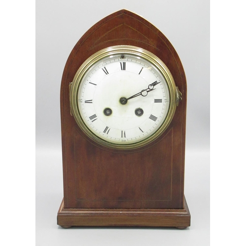 361 - Samuel Marti early C20th mahogany mantle clock, inlaid lancet topped case on squat brass bun feet, w... 