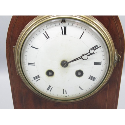 361 - Samuel Marti early C20th mahogany mantle clock, inlaid lancet topped case on squat brass bun feet, w... 