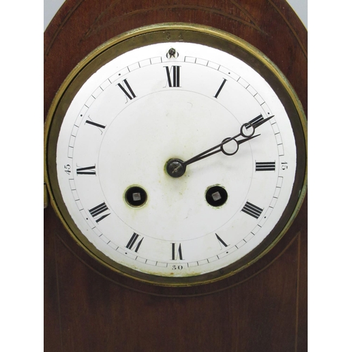 361 - Samuel Marti early C20th mahogany mantle clock, inlaid lancet topped case on squat brass bun feet, w... 