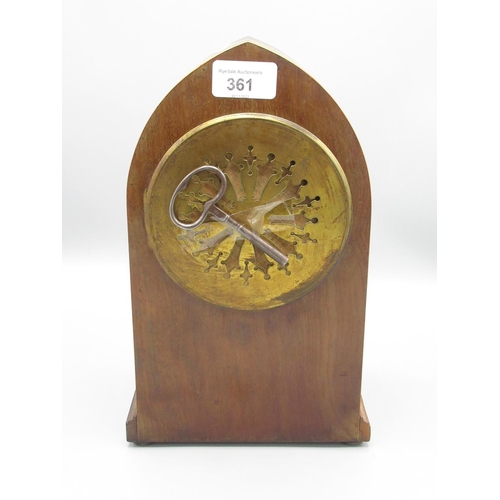 361 - Samuel Marti early C20th mahogany mantle clock, inlaid lancet topped case on squat brass bun feet, w... 