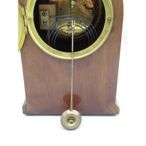 361 - Samuel Marti early C20th mahogany mantle clock, inlaid lancet topped case on squat brass bun feet, w... 