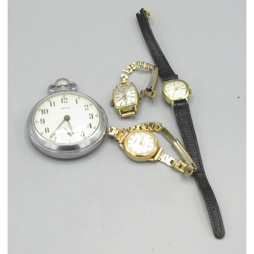 956 - Smiths chrome plated pin pallet pocket watch D51mm, three ladies gold plated wristwatches Avia, Inge... 