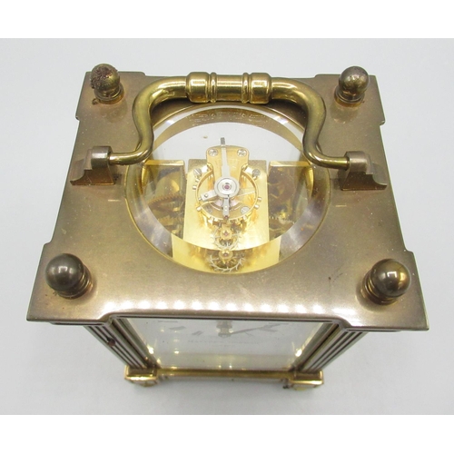 957 - Matthew Norman London - C20th brass carriage timepiece, fluted square section pillars with bevelled ... 