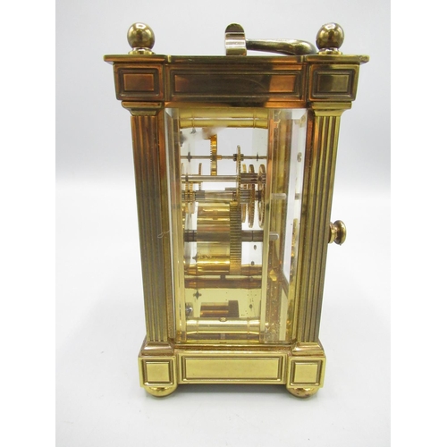 957 - Matthew Norman London - C20th brass carriage timepiece, fluted square section pillars with bevelled ... 