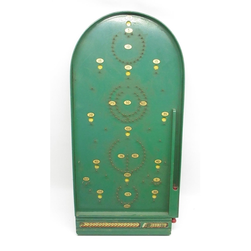 976 - Green Chad Valley bagatelle board, H77.5cm x W37.5cm with 5 metal balls