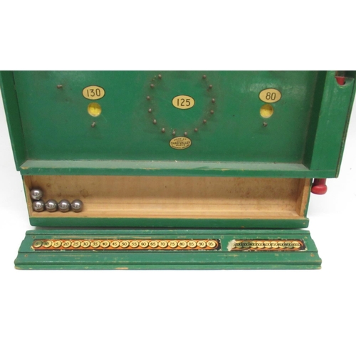 976 - Green Chad Valley bagatelle board, H77.5cm x W37.5cm with 5 metal balls