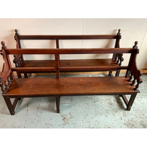 866 - Pair of pitch pine benches, openwork backs with solid seats and baluster turned scroll arms on squar... 