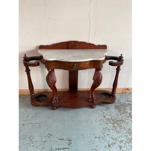 1267 - Victorian mahogany hallstand, with white marble serpentine top above single drawer and two stick com... 