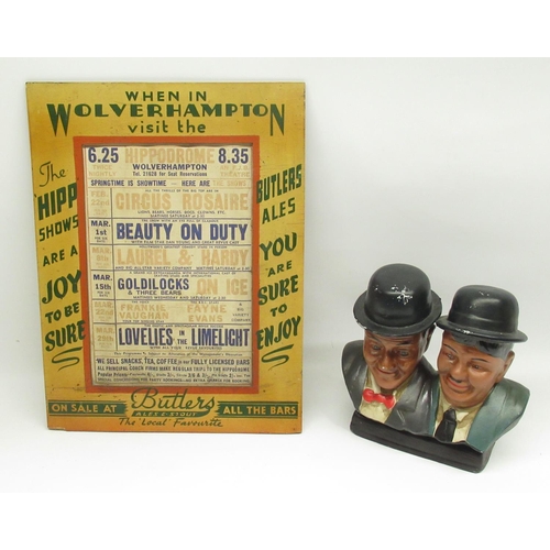 1344 - Laurel and Hardy  statue with a c20th wood framed poster from the Wolverhampton Hippodrome showing d... 