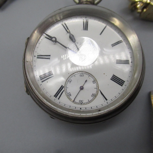 13 - Hallmarked Sterling silver pocket watch by R.G. Scott, Porth, a silver stamp holder on white metal c... 