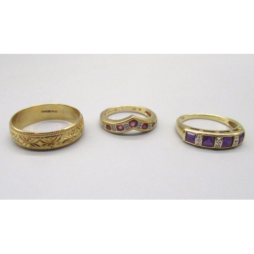 25 - 9ct yellow gold ring set with purple and clear stones, another similar set with red and clear stones... 