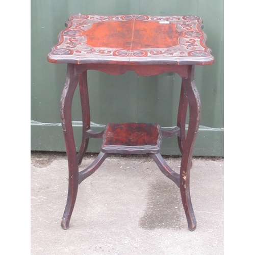 244 - Edwardian walnut two-tier occasional table, shaped top carved with shells and scrolls, W57cm D59cm H... 