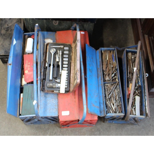 1296 - Large collection of tools in three cantilever metal boxes and four others, spanners, drill bits hamm... 