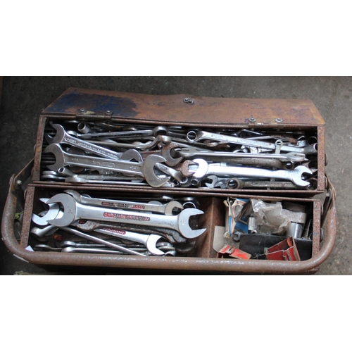 1300 - Box containing a large quantity of spanners, tool box of spanners, small compressor, bucket of chise... 