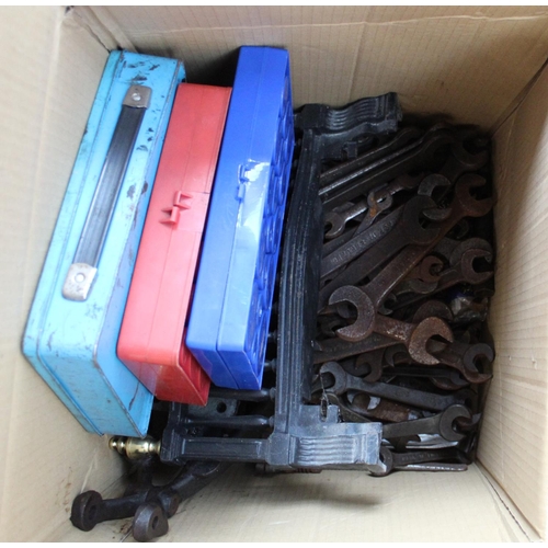 1300 - Box containing a large quantity of spanners, tool box of spanners, small compressor, bucket of chise... 